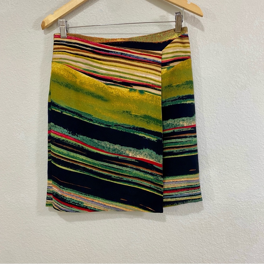 Etcetera Nomad Silk Wool GORGEOUS Multicolor Striped Faux Wrap Skirt